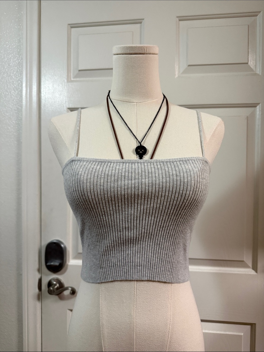 Brandy Melville Light Gray Ribbed Spaghetti Strap Crop Tank
